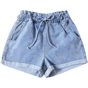 imageSOLY HUX Womens Summer Denim Shorts Drawstring Elastic Waist Straight Leg Jeans with PocketsLight Blue