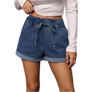 imageSOLY HUX Womens Summer Denim Shorts Drawstring Elastic Waist Straight Leg Jeans with PocketsMedium Wash