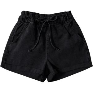imageSOLY HUX Womens Summer Denim Shorts Drawstring Elastic Waist Straight Leg Jeans with PocketsPlain Black