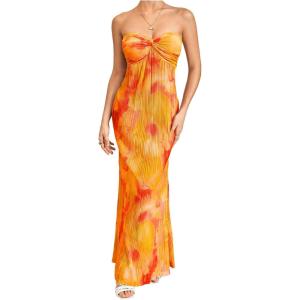 imageSOLY HUX Womens Summer Floral Tube Dress Twist Front Strapless Vacation Beach Dresses Maxi DressBurnt Orange