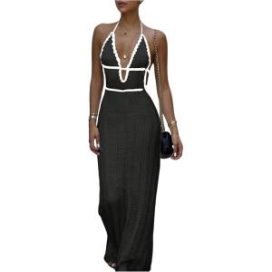 imageSOLY HUX Womens Tie Backless Maxi Halter Dress Deep V Neck Sleeveless Knit Elegant DressesPlain Black