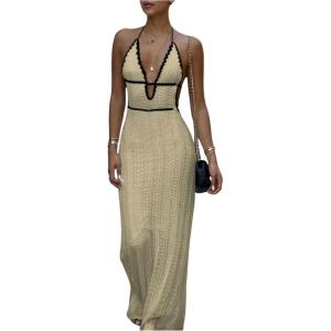 imageSOLY HUX Womens Tie Backless Maxi Halter Dress Deep V Neck Sleeveless Knit Elegant DressesPlain Khaki