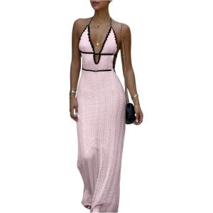 imageSOLY HUX Womens Tie Backless Maxi Halter Dress Deep V Neck Sleeveless Knit Elegant DressesPlain Pink