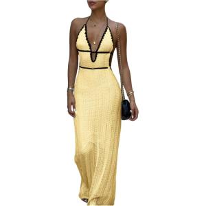 imageSOLY HUX Womens Tie Backless Maxi Halter Dress Deep V Neck Sleeveless Knit Elegant DressesPlain Yellow
