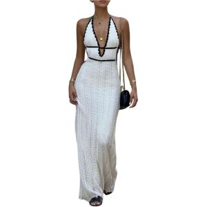 imageSOLY HUX Womens Tie Backless Maxi Halter Dress Deep V Neck Sleeveless Knit Elegant DressesSolid White