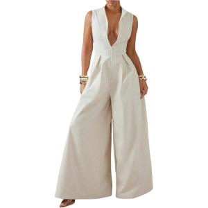 imageSOLY HUX Womens Zipper Front Wide Leg Jumpsuit Summer Mock Neck Sleeveless Elegant RomperPlain Apricot