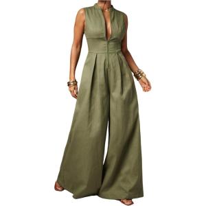 imageSOLY HUX Womens Zipper Front Wide Leg Jumpsuit Summer Mock Neck Sleeveless Elegant RomperPure Army Green