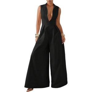 imageSOLY HUX Womens Zipper Front Wide Leg Jumpsuit Summer Mock Neck Sleeveless Elegant RomperPure Black