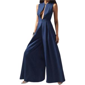 imageSOLY HUX Womens Zipper Front Wide Leg Jumpsuit Summer Mock Neck Sleeveless Elegant RomperPure Blue