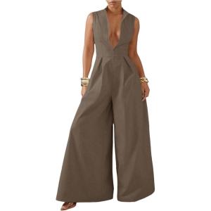 imageSOLY HUX Womens Zipper Front Wide Leg Jumpsuit Summer Mock Neck Sleeveless Elegant RomperPure Brown