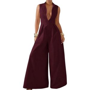 imageSOLY HUX Womens Zipper Front Wide Leg Jumpsuit Summer Mock Neck Sleeveless Elegant RomperPure Burgundy