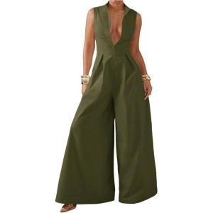 imageSOLY HUX Womens Zipper Front Wide Leg Jumpsuit Summer Mock Neck Sleeveless Elegant RomperPure Dark Army Green