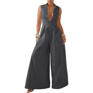 imageSOLY HUX Womens Zipper Front Wide Leg Jumpsuit Summer Mock Neck Sleeveless Elegant RomperPure Dark Grey