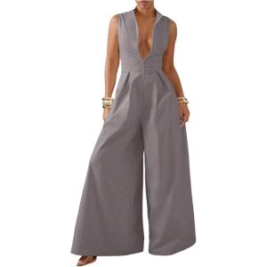 imageSOLY HUX Womens Zipper Front Wide Leg Jumpsuit Summer Mock Neck Sleeveless Elegant RomperPure Grey