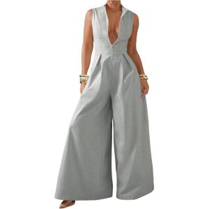 imageSOLY HUX Womens Zipper Front Wide Leg Jumpsuit Summer Mock Neck Sleeveless Elegant RomperPure Light Grey