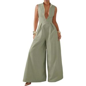 imageSOLY HUX Womens Zipper Front Wide Leg Jumpsuit Summer Mock Neck Sleeveless Elegant RomperPure Mint Green