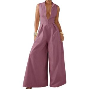 imageSOLY HUX Womens Zipper Front Wide Leg Jumpsuit Summer Mock Neck Sleeveless Elegant RomperPure Purple