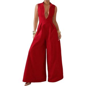 imageSOLY HUX Womens Zipper Front Wide Leg Jumpsuit Summer Mock Neck Sleeveless Elegant RomperPure Red