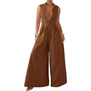 imageSOLY HUX Womens Zipper Front Wide Leg Jumpsuit Summer Mock Neck Sleeveless Elegant RomperPure Rust Brown