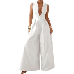 imageSOLY HUX Womens Zipper Front Wide Leg Jumpsuit Summer Mock Neck Sleeveless Elegant RomperPure White