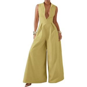 imageSOLY HUX Womens Zipper Front Wide Leg Jumpsuit Summer Mock Neck Sleeveless Elegant RomperPure Yellow