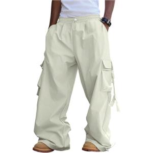 imageSOLY HUX Mens Baggy Cargo Pants Wide Leg Parachute Pants with Pocket StreetwearPlain Beige