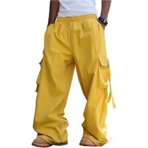 imageSOLY HUX Mens Baggy Cargo Pants Wide Leg Parachute Pants with Pocket StreetwearPlain Yellow