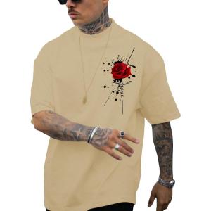 imageSOLY HUX Mens Rose Print Graphic Tees Oversized T Shirt Summer Tops CasualKhaki Rose