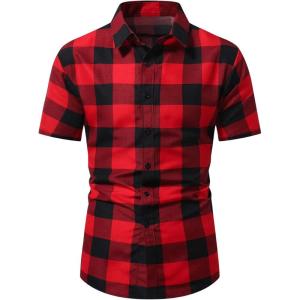 imageSOLY HUX Mens Basic Short Sleeve Plaid Shirts Button Down Collared Shirt Casual Work Business TopsBlack and Red