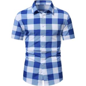 imageSOLY HUX Mens Basic Short Sleeve Plaid Shirts Button Down Collared Shirt Casual Work Business TopsBlue and White