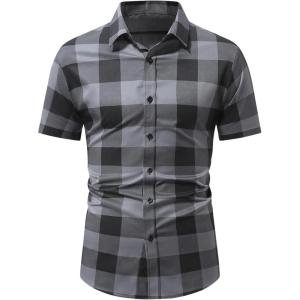 imageSOLY HUX Mens Basic Short Sleeve Plaid Shirts Button Down Collared Shirt Casual Work Business TopsGrey and Black