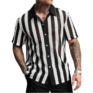 imageSOLY HUX Mens Color Block Striped Button Down Knitted Shirts Short Sleeve Vacation Hawaiian TopsBlack and White
