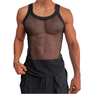 imageSOLY HUX Mens Fishnet Sheer Tank Top Crew Neck Sleeveless Party Club Tops StreetwearPure Black
