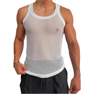 imageSOLY HUX Mens Fishnet Sheer Tank Top Crew Neck Sleeveless Party Club Tops StreetwearPure White