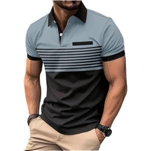 imageSOLY HUX Mens Golf Shirts Short Sleeve Striped Collared T Shirt Casual Work ShirtsBlack and Grey