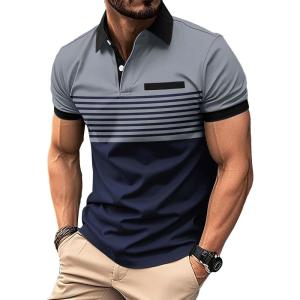 imageSOLY HUX Mens Golf Shirts Short Sleeve Striped Collared T Shirt Casual Work ShirtsBlue and Grey