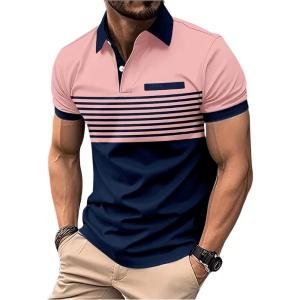imageSOLY HUX Mens Golf Shirts Short Sleeve Striped Collared T Shirt Casual Work ShirtsBlue and Pink