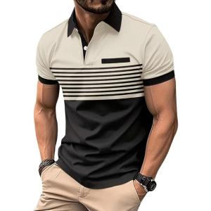 imageSOLY HUX Mens Golf Shirts Short Sleeve Striped Collared T Shirt Casual Work ShirtsKhaki and Black