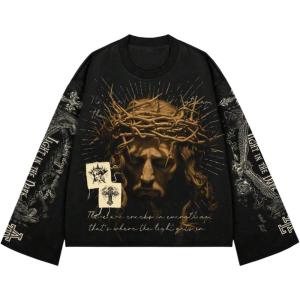 imageSOLY HUX Mens Goth Graphic Tees Grunge Jesus Long Sleeve Shirts Crew Neck Hip Hop Tops StreetwearBlack Graphic