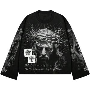 imageSOLY HUX Mens Goth Graphic Tees Grunge Jesus Long Sleeve Shirts Crew Neck Hip Hop Tops StreetwearBlack Grey Graphic