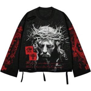 imageSOLY HUX Mens Goth Graphic Tees Grunge Jesus Long Sleeve Shirts Crew Neck Hip Hop Tops StreetwearBlack Red Graphic