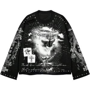 imageSOLY HUX Mens Goth Graphic Tees Grunge Jesus Long Sleeve Shirts Crew Neck Hip Hop Tops StreetwearBlack White Graphic