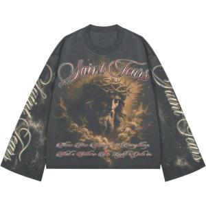 imageSOLY HUX Mens Goth Graphic Tees Grunge Jesus Long Sleeve Shirts Crew Neck Hip Hop Tops StreetwearDark Grey