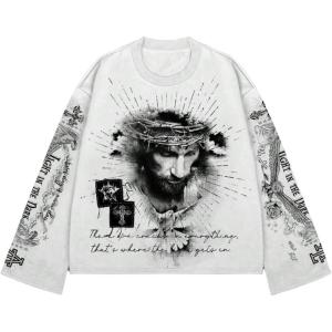 imageSOLY HUX Mens Goth Graphic Tees Grunge Jesus Long Sleeve Shirts Crew Neck Hip Hop Tops StreetwearWhite Graphic