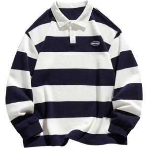 imageSOLY HUX Mens Striped Print Sweatshirts Long Sleeve Collared Preppy Shirts Half Placket Tops Fall OutfitsBlue and White