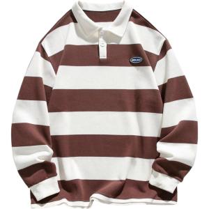 imageSOLY HUX Mens Striped Print Sweatshirts Long Sleeve Collared Preppy Shirts Half Placket Tops Fall OutfitsBrown and White