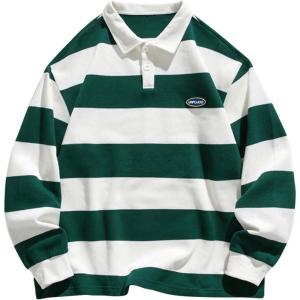 imageSOLY HUX Mens Striped Print Sweatshirts Long Sleeve Collared Preppy Shirts Half Placket Tops Fall OutfitsGreen and White