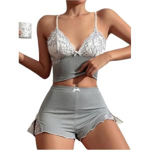 imageSOLY HUX Womens Lace Pajama Set Bow Cami Tops and Split Shorts Sleepwear LoungewearPlain Grey