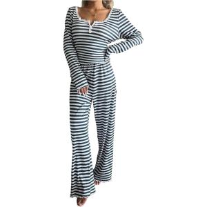 imageSOLY HUX Womens Striped Pajama Set Lace Trim Long Sleeve T Shirt Tops and Pants Loungewear SleepwearMulticolor Striped