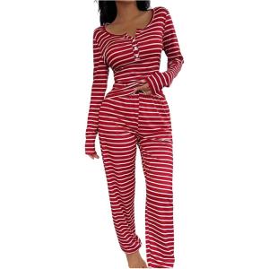 imageSOLY HUX Womens Striped Pajama Set Long Sleeve T Shirt Tops and Pants Fall Loungewear SleepwearRed Striped